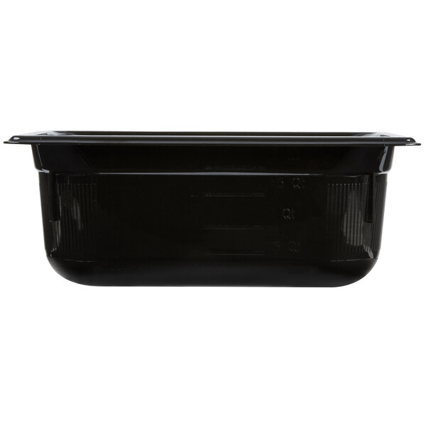 A black rectangular Vollrath plastic food pan with a lid.