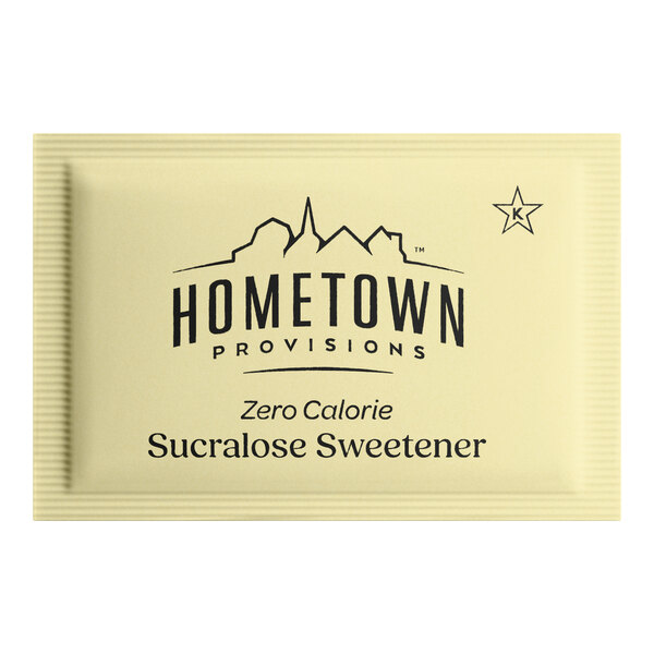 A yellow packet of Hometown Provisions zero calorie sucralose sweetener.