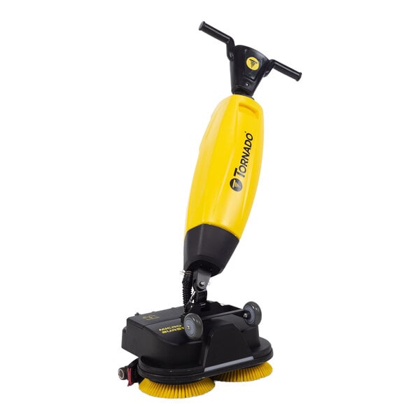 A yellow and black cordless walk-behind ultra-compact dual-disc floor scrubber with a handle and two round brushes at the base.