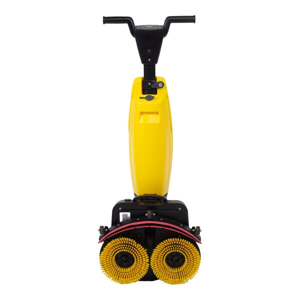 A yellow cordless walk-behind dual-disc floor scrubber with two visible round brushes and a handle.