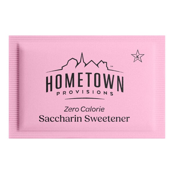 A pink packet of Hometown Provisions zero calorie saccharin sweetener.