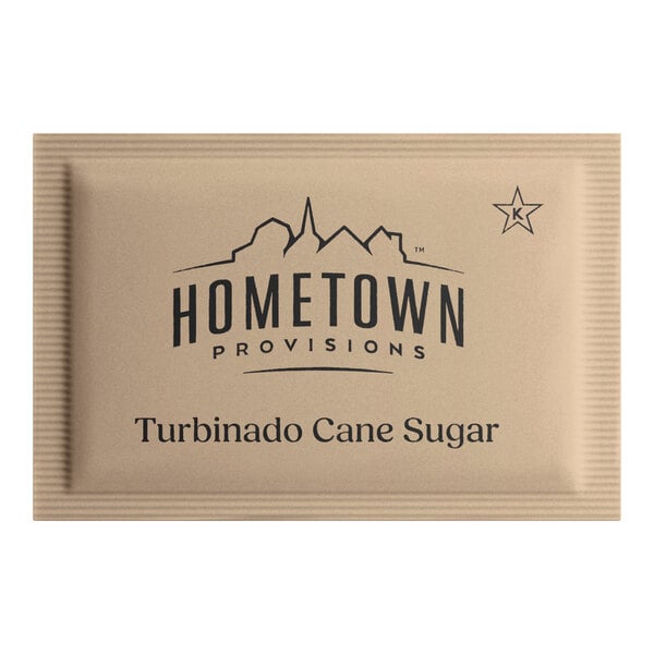 A single-serve packet of Hometown Provisions Turbinado Cane Sugar.