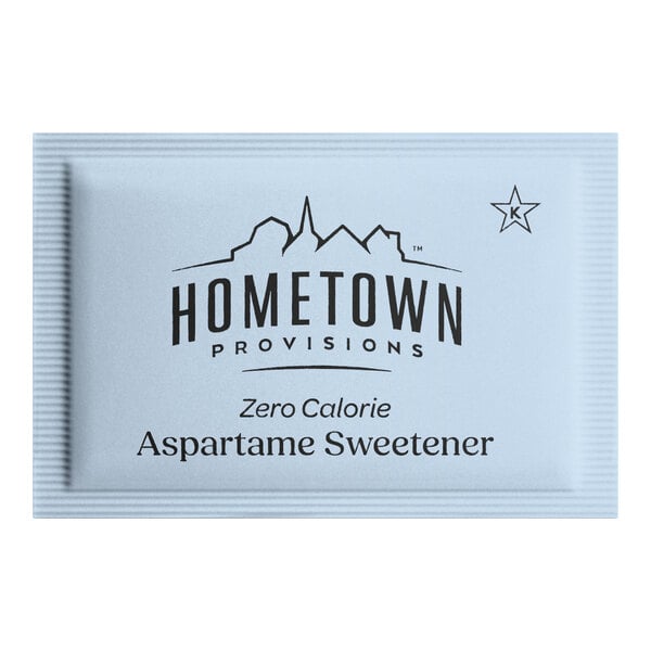 A blue packet of Hometown Provisions zero calorie aspartame sweetener.