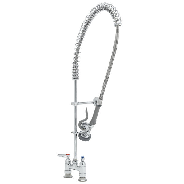 A chrome T&S pre-rinse faucet with a hose attached.