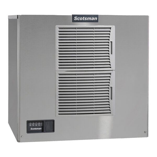 A stainless steel Scotsman air-cooled medium cube ice machine with front vents and control panel.