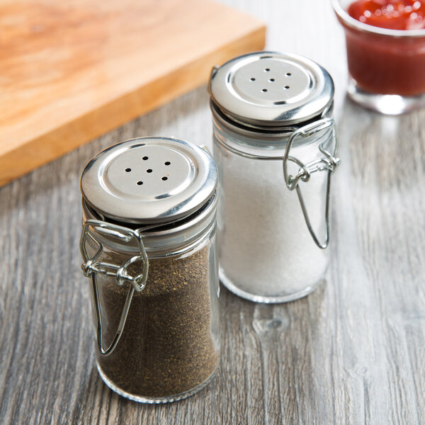 Tablecraft 2 oz. Resealable Salt and Pepper Shaker Glass Jar with Stainless Steel Clip-Top Lid - 6/Case