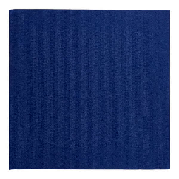 A navy blue, 16-inch by 16-inch airlaid linen-feel flat-packed paper napkin.