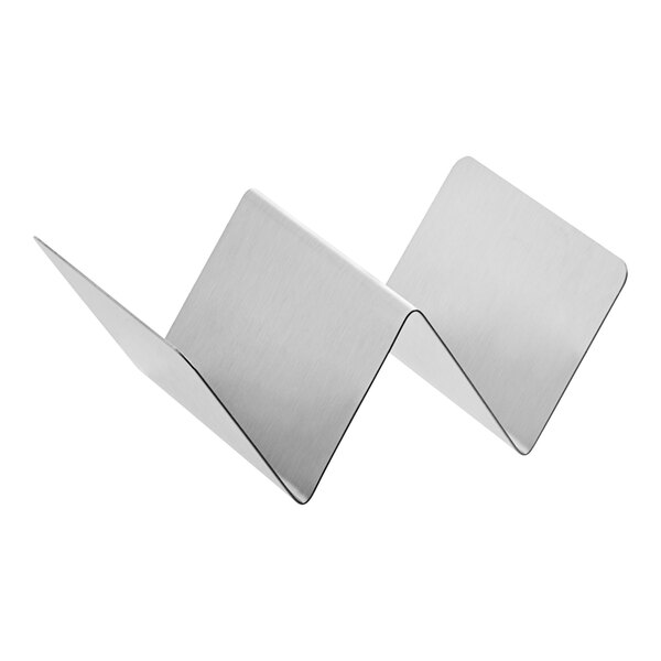 A stainless steel taco holder with a zigzag design, suitable for holding one or two tacos.