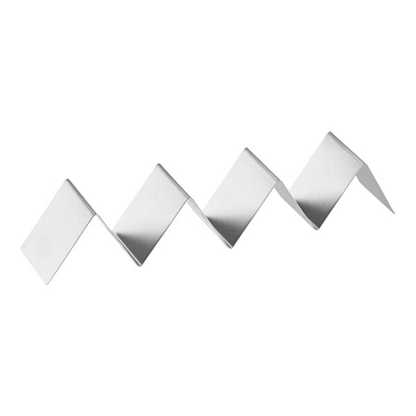 A stainless steel taco holder with a zigzag design for holding 3 or 4 tacos.