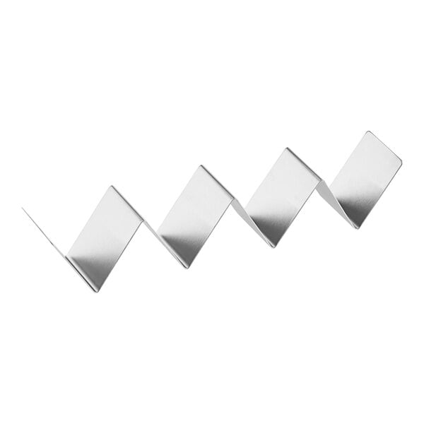 A stainless steel taco holder with a zigzag design for holding three or four tacos.