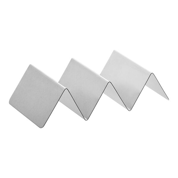 A stainless steel taco holder with three compartments for holding tacos upright.