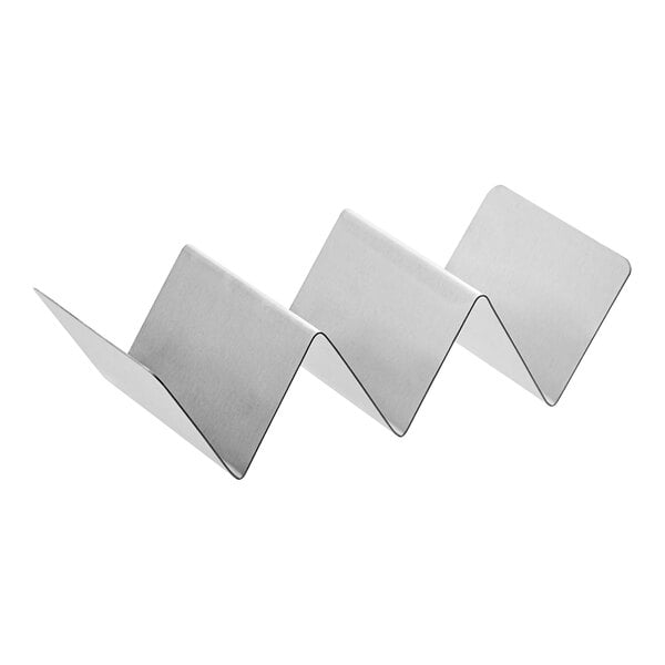 A stainless steel taco holder with multiple compartments for holding tacos upright.