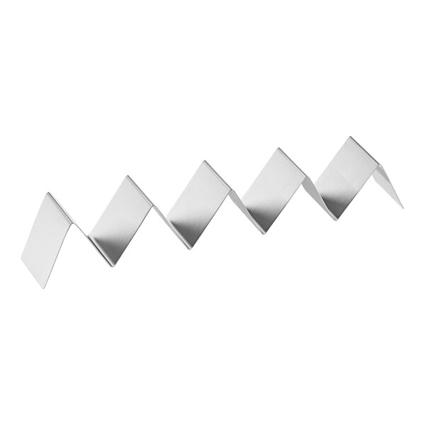 A stainless steel taco holder with a zigzag design and multiple compartments.