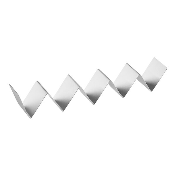 A stainless steel taco holder with a zigzag design and multiple compartments.