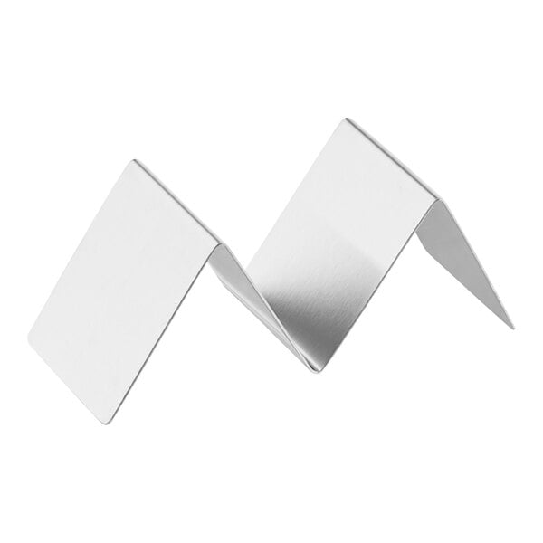 A stainless steel taco holder with a zigzag design for holding one or two tacos.