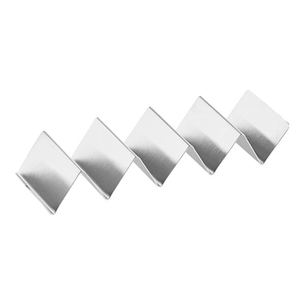 A stainless steel mini taco holder with four or five compartments.