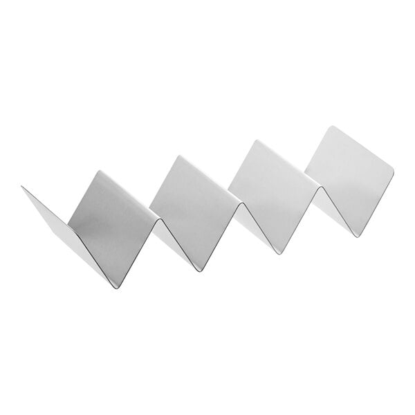 A stainless steel taco holder with multiple compartments for holding tacos upright.