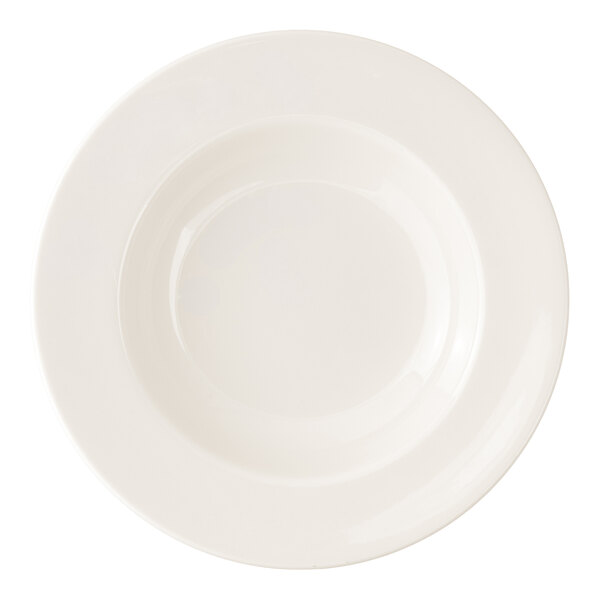 A round white porcelain soup plate.
