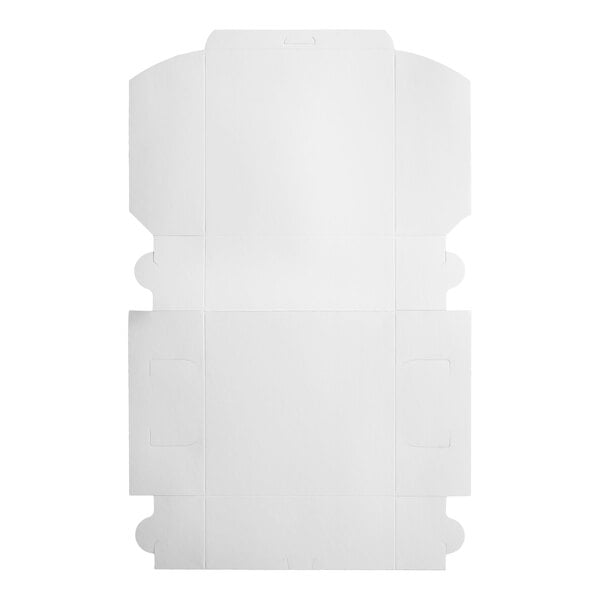 A flat, unfolded white cardboard bakery box designed for cakes or baked goods.