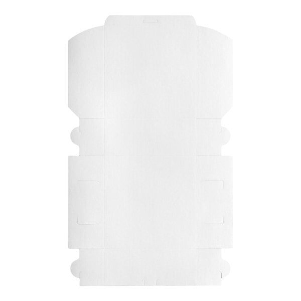 A flat, unfolded white cardboard bakery box designed for cakes or pastries.