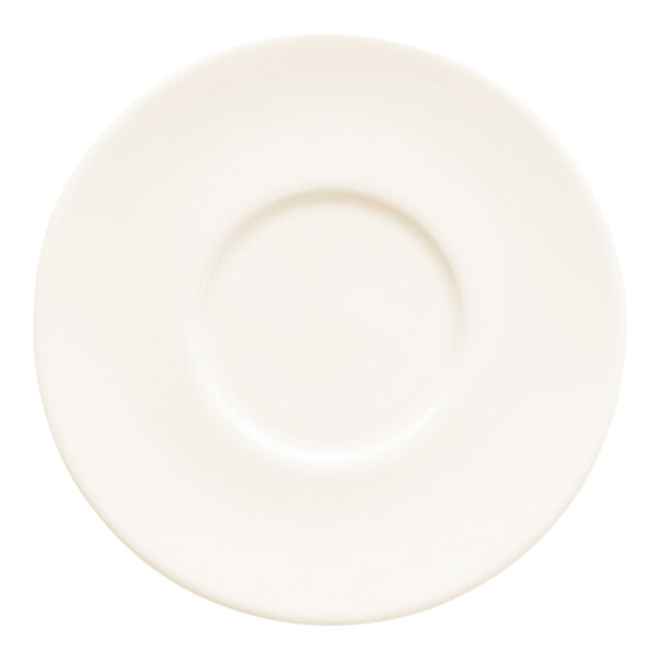 A round white porcelain saucer.