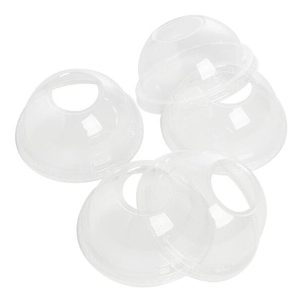 A set of clear plastic dome lids with a hole, typically used for beverages.
