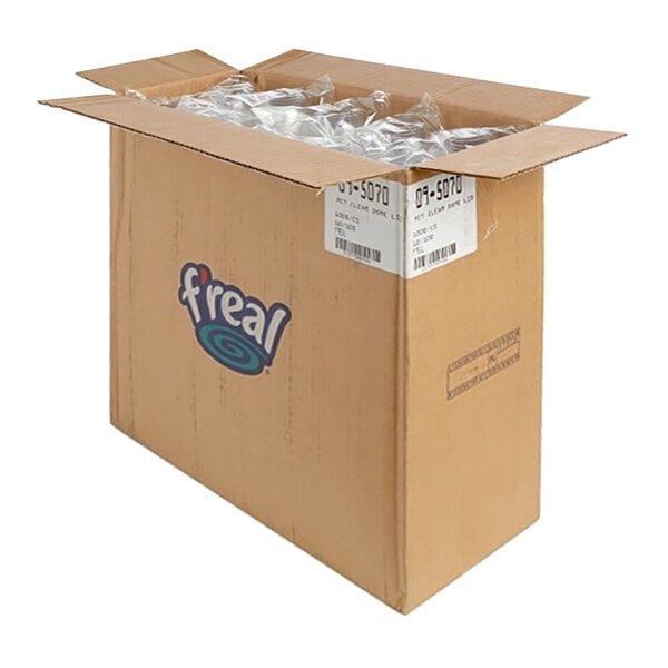 A cardboard box containing 1,000 f'real plastic dome lids with holes.