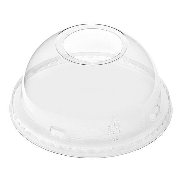 A clear plastic dome lid with a hole in the top, designed for use with cups.