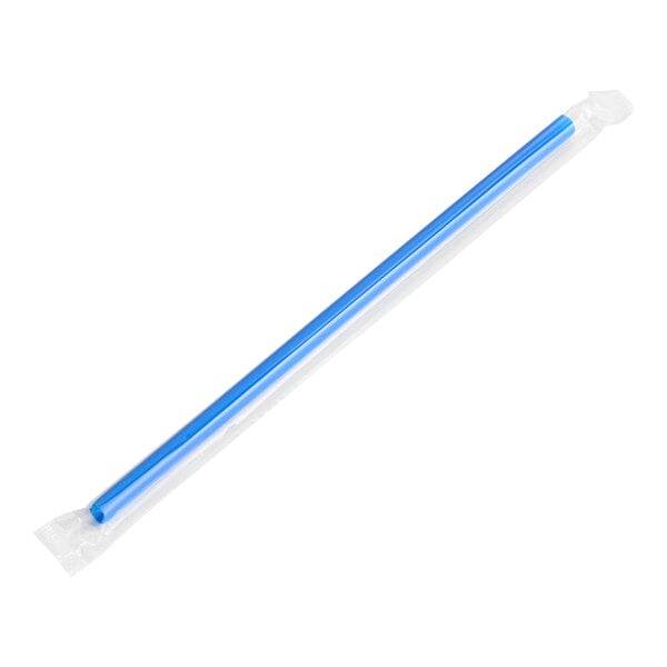 A blue plastic straw individually wrapped in clear plastic packaging.
