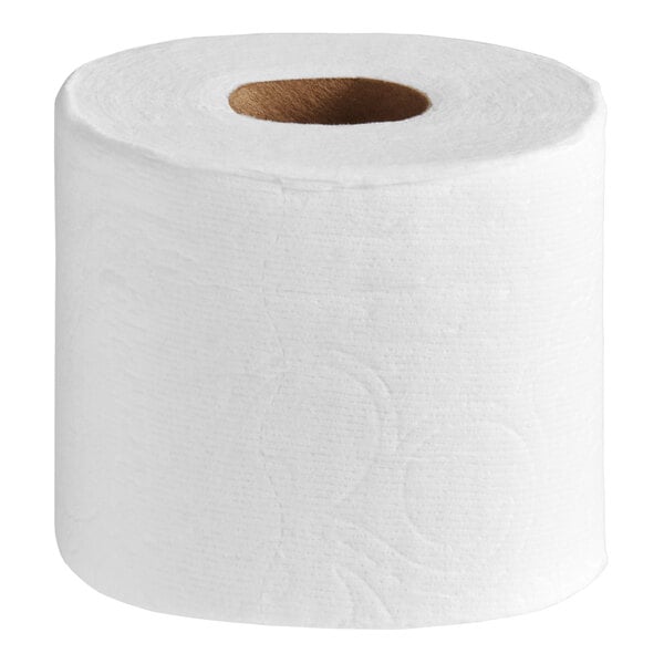 A white 2-ply toilet paper mega roll with a brown cardboard core.