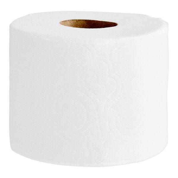 A single white roll of toilet paper with a visible cardboard core.