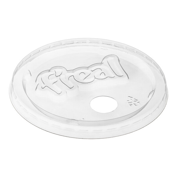 A clear flat plastic lid with a straw slot, designed for f'real cups.