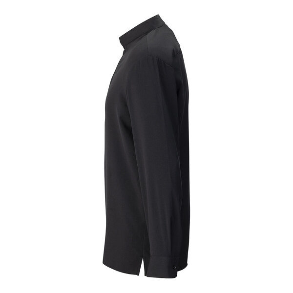 A men's black long sleeve dress shirt with a stand-up collar shown from the side.