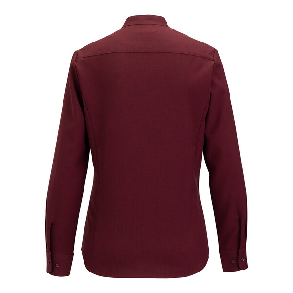 A burgundy long sleeve women's dress shirt with a stand-up collar and buttoned cuffs, shown from the back.