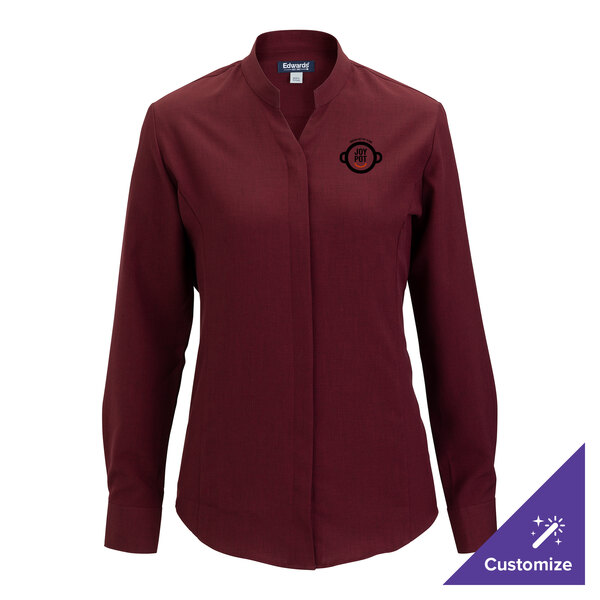 A burgundy women's long sleeve dress shirt with a stand-up collar and customizable logo on the chest.