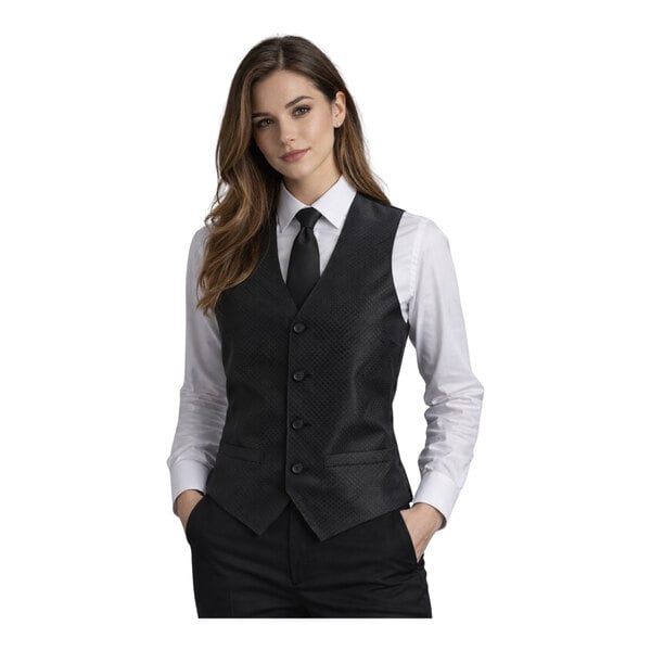 A women's medium black brocade diamond pattern server vest paired with a white shirt and black tie.