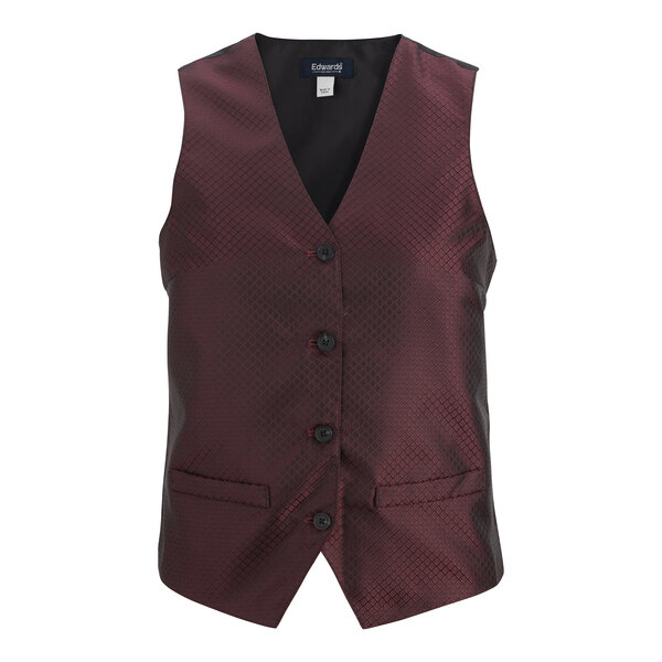 A women's burgundy brocade vest with a diamond pattern and four buttons, designed for servers.
