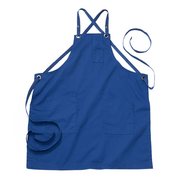 Edwards 9043 Royal Customizable Poly / Cotton Cross-Back Bib Apron with 3 Pockets - 34" x 28"