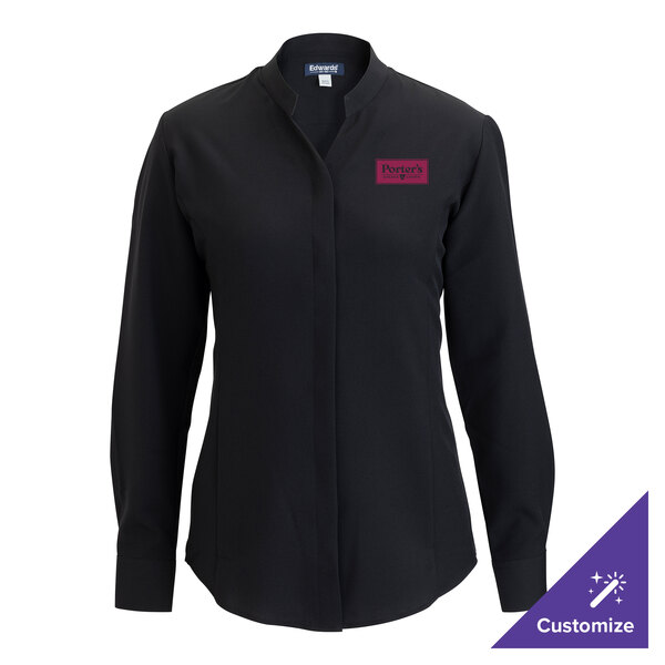 A black long sleeve women's dress shirt with a stand-up collar and customizable logo on the chest.