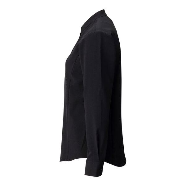 A black long sleeve women's dress shirt with a stand-up collar, shown in a side view.