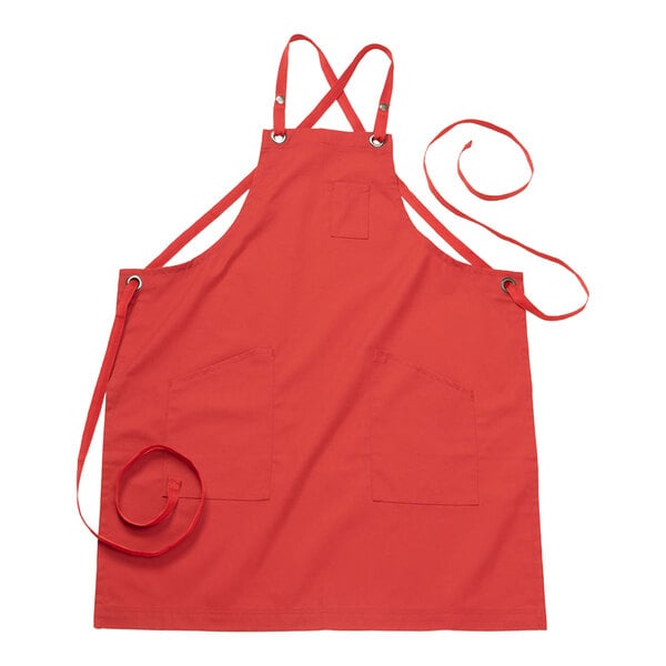 Edwards 9043 Red Customizable Poly / Cotton Cross-Back Bib Apron with 3 Pockets - 34" x 28"