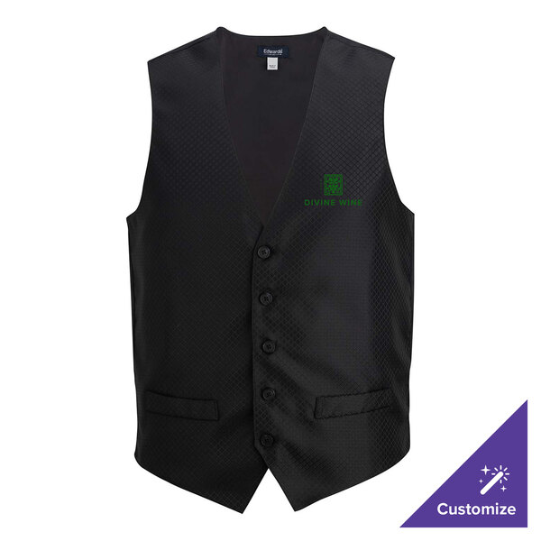 A men's extra large black brocade diamond pattern server vest with customizable options.
