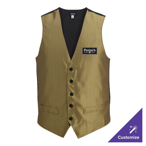 A men's small gold brocade diamond pattern server vest with black buttons and a customizable logo patch on the chest.