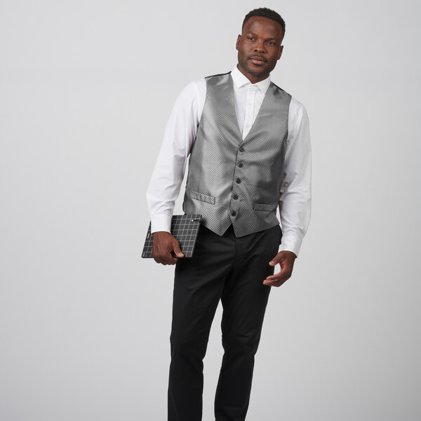 Edwards 4394 Men's Customizable Silver Brocade Diamond Pattern Server Vest - 3X