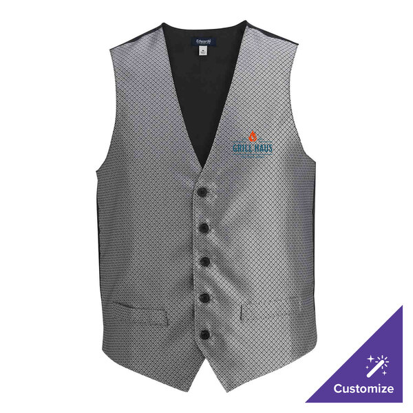 A men's silver brocade diamond pattern server vest with buttons and customizable logo, size 3X.