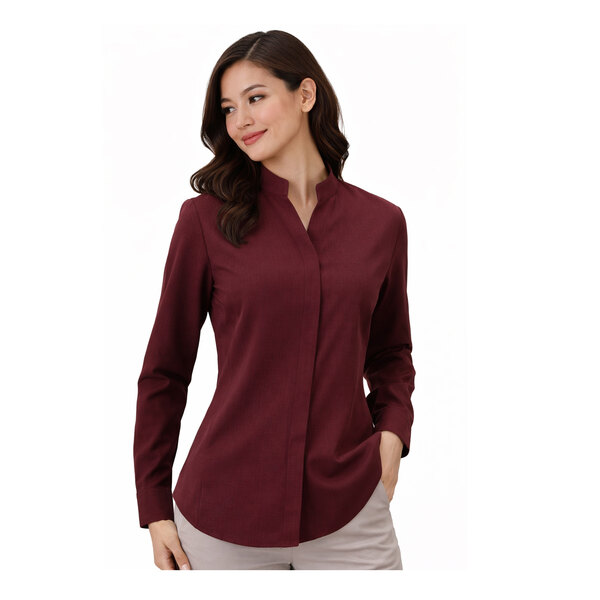 A women's long sleeve burgundy dress shirt with a stand-up collar and a tailored fit.