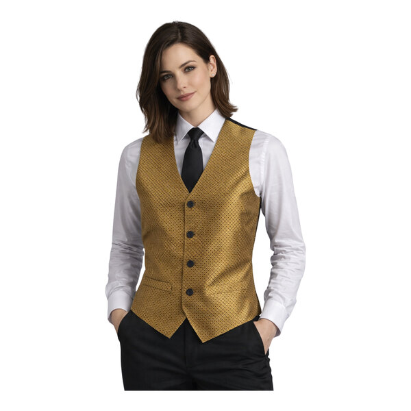 A women's medium gold brocade diamond pattern server vest with black buttons, worn over a white shirt and black tie.