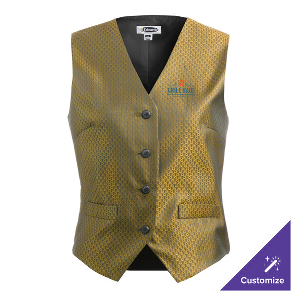 A women's extra large gold brocade diamond pattern server vest with customizable embroidery.