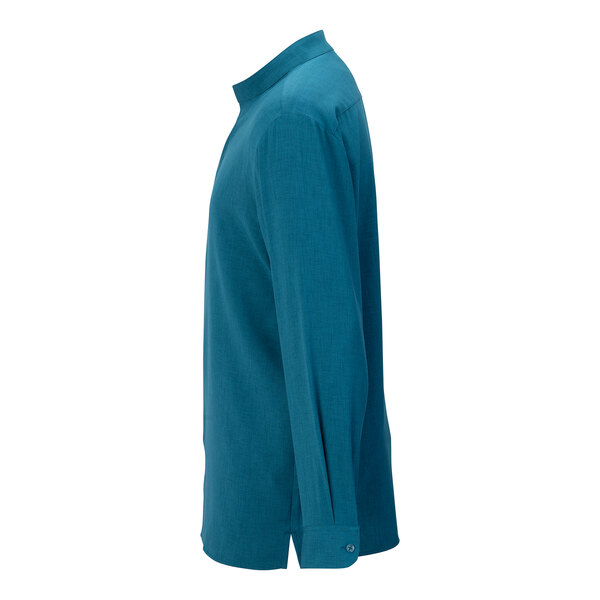 A men's Caribbean blue long sleeve dress shirt with a stand-up collar and buttoned cuffs.