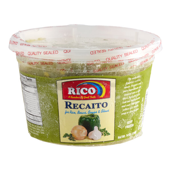 A 14-ounce container of Rico Foods Recaito cooking sauce with a sealed lid.